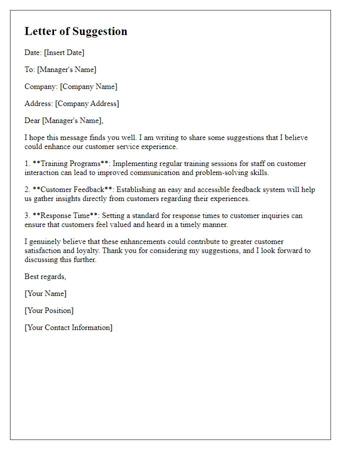 Letter template of suggestion for improving customer service