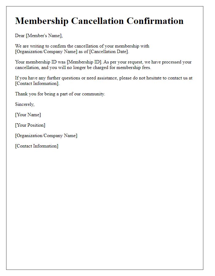 Letter template of Membership Cancellation Confirmation