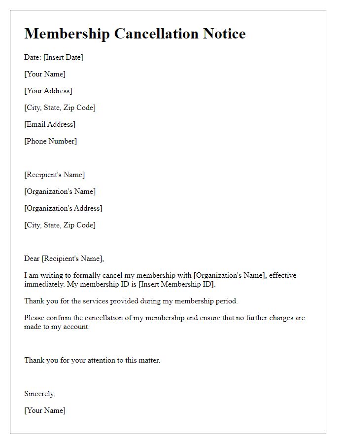 Letter template of Membership Cancellation Notice