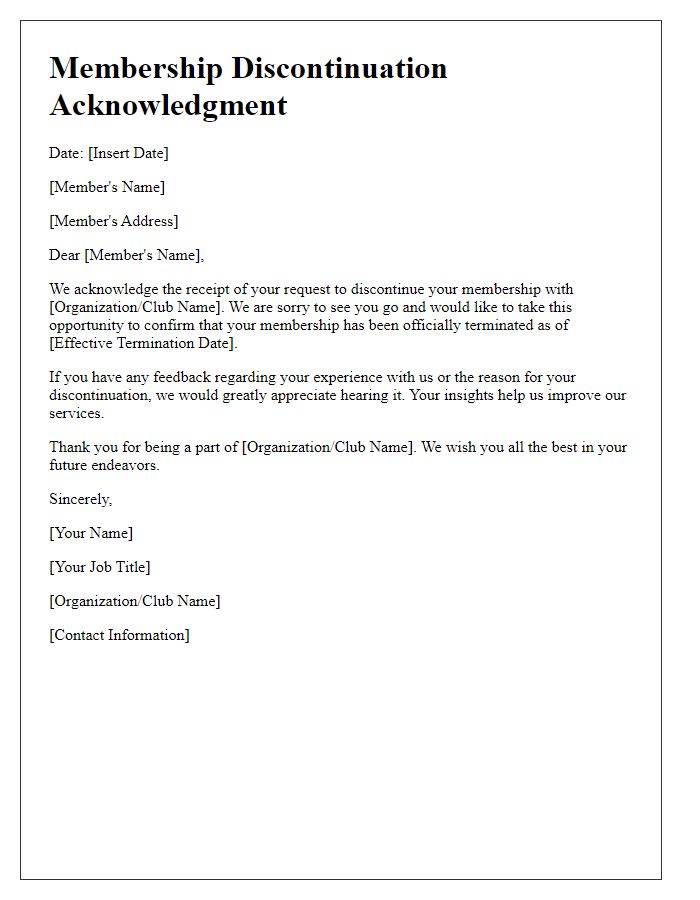 Letter template of Membership Discontinuation Acknowledgment