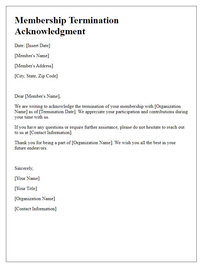 Letter template of Membership Termination Acknowledgment