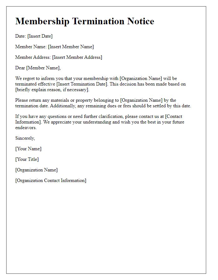 Letter template of Membership Termination Notice