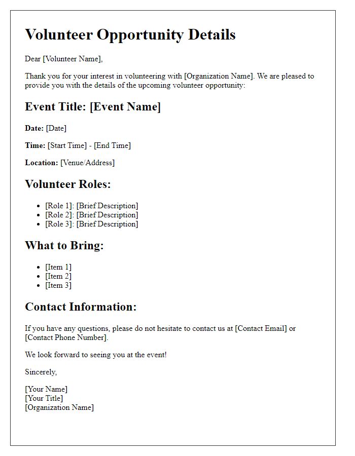 Letter template of Volunteer Opportunity Details