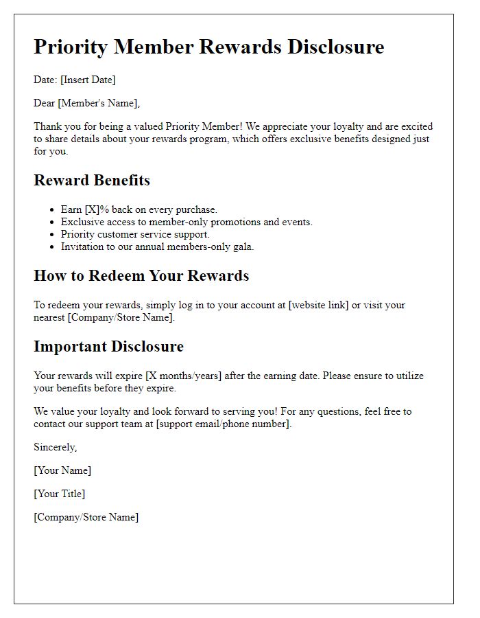 Letter template of priority member rewards disclosure