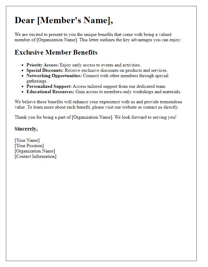 Letter template of unique member benefits presentation