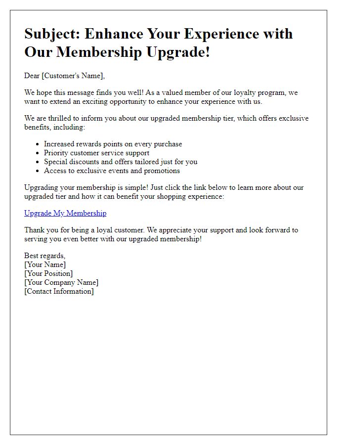 Letter template of loyalty program membership upgrade suggestion