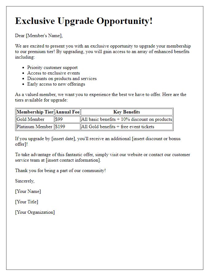 Letter template of tiered membership upgrade opportunity