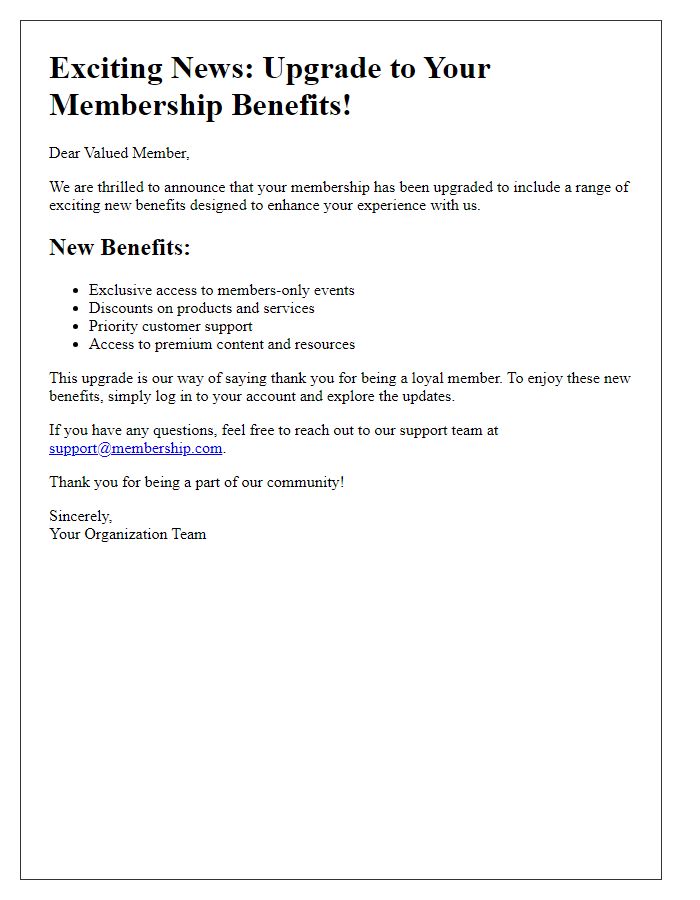 Letter template of upgraded membership benefits announcement