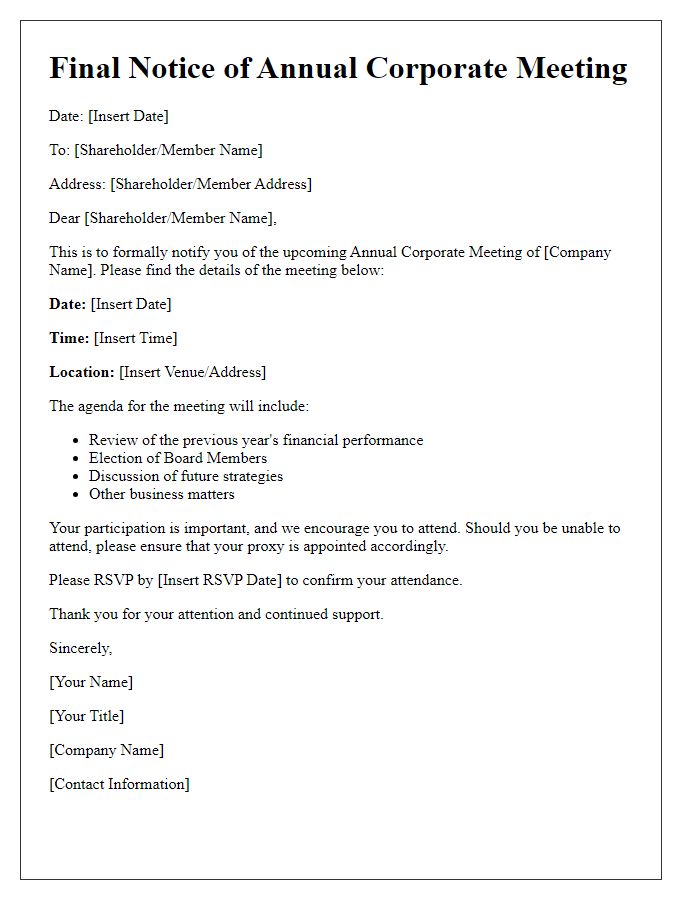 Letter template of Final Notice for Annual Corporate Meeting