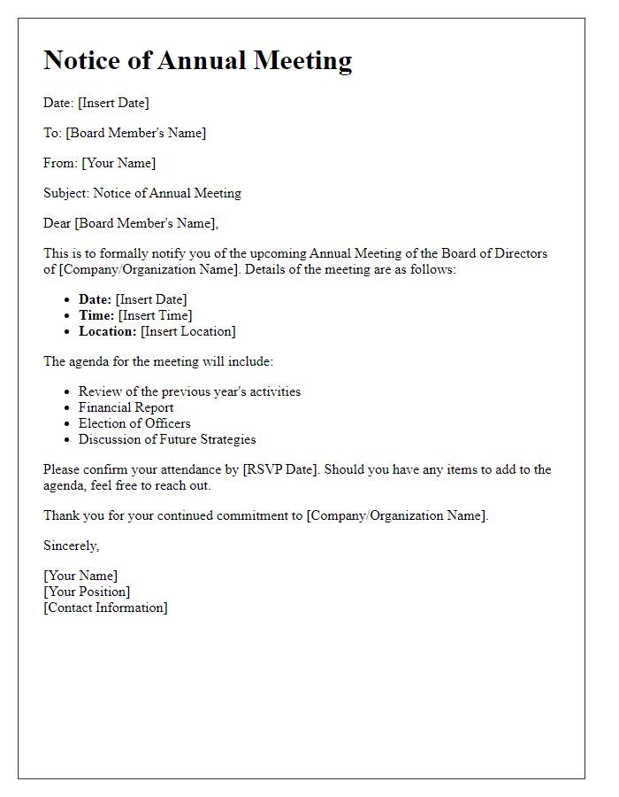 Letter template of Notice of Annual Meeting for Board Members