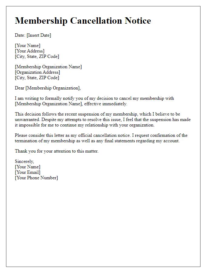 Letter template of Membership Cancellation Due to Suspension