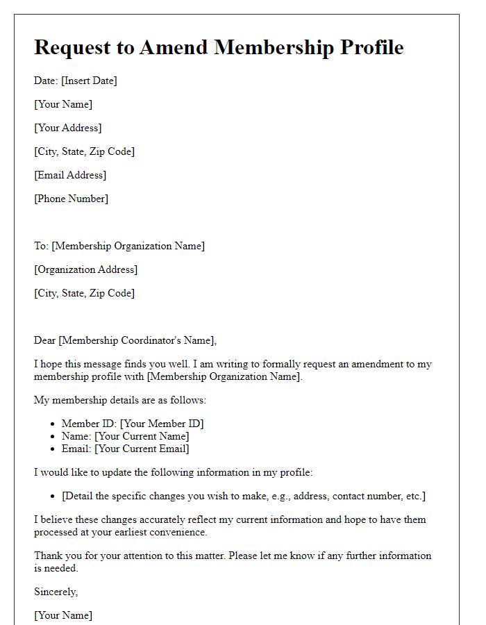 Letter template of request to amend membership profile