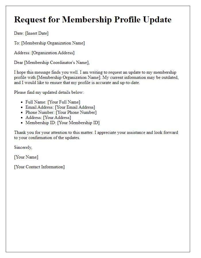 Letter template of request for membership profile update