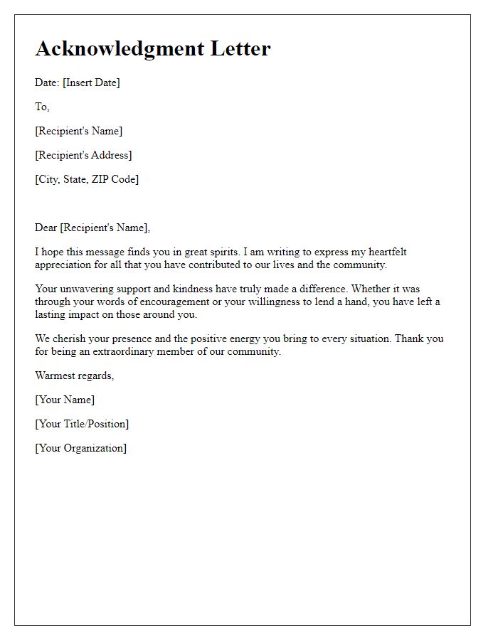 Letter template of acknowledgment for a cherished member