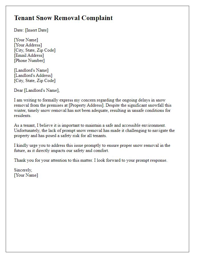 Letter template of complaint regarding tenant snow removal delays