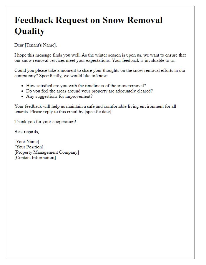 Letter template of feedback request for tenant snow removal quality