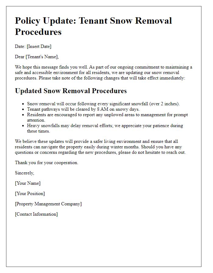 Letter template of policy update on tenant snow removal procedures