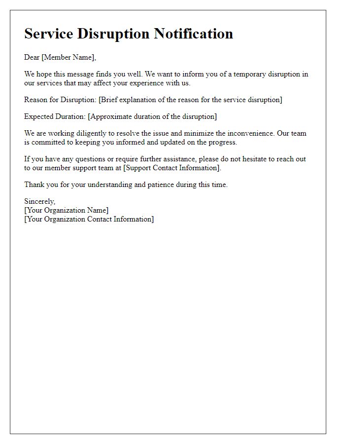 Letter template of member service disruption alert