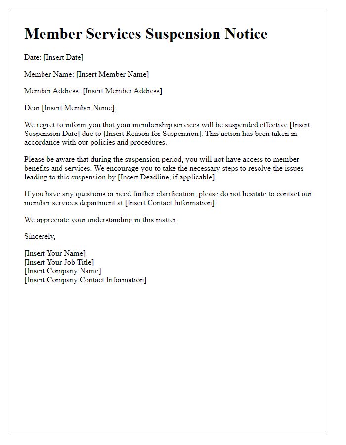 Letter template of member services suspension notice