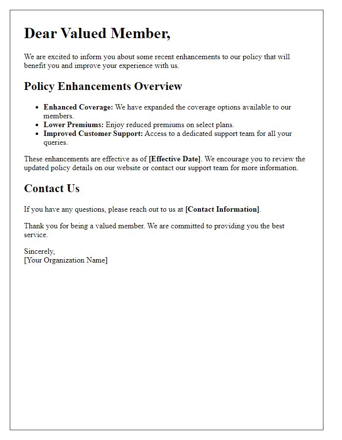 Letter template of Notification of Policy Enhancements for Members