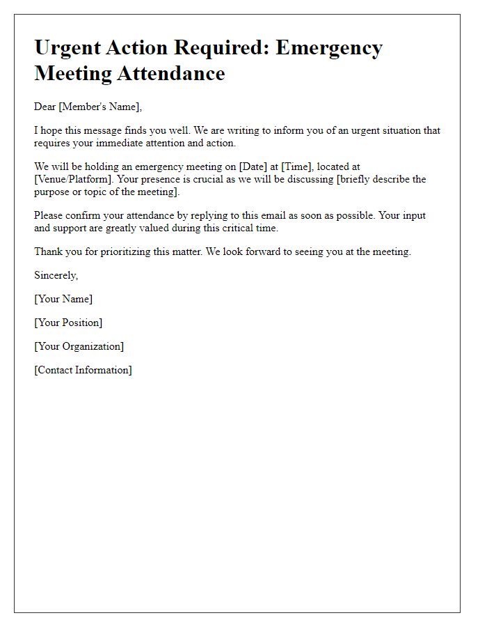 Letter template of urgent member action request for emergency meeting attendance