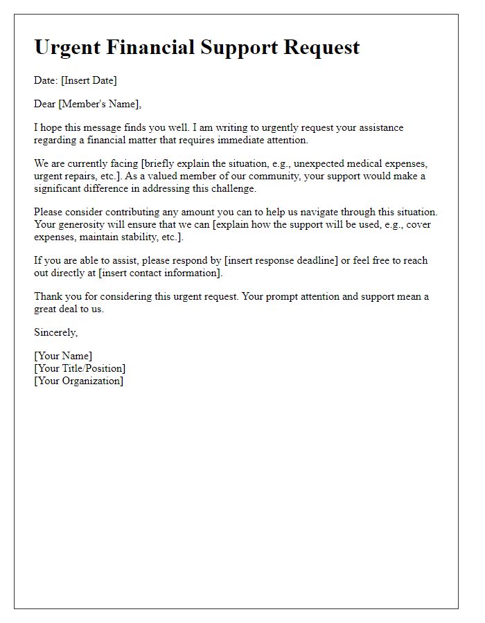 Letter template of urgent member action request for financial support