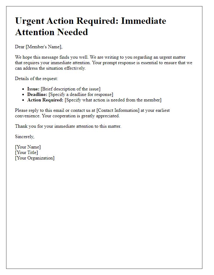 Letter template of urgent member action request for immediate attention