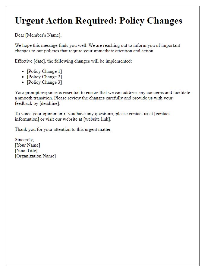 Letter template of urgent member action request regarding policy changes