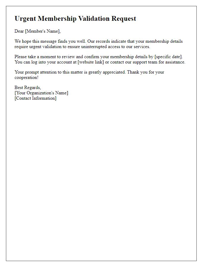 Letter template of urgent member action request to validate membership details