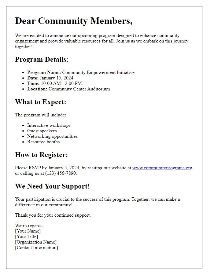 Letter template of comprehensive program announcement to our community members