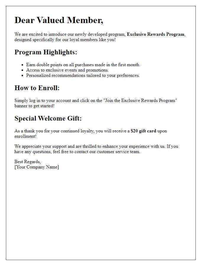 Letter template of newly developed program details for loyal members