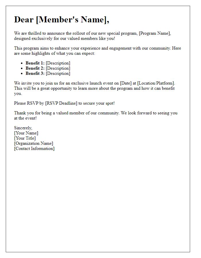 Letter template of special program rollout for member engagement