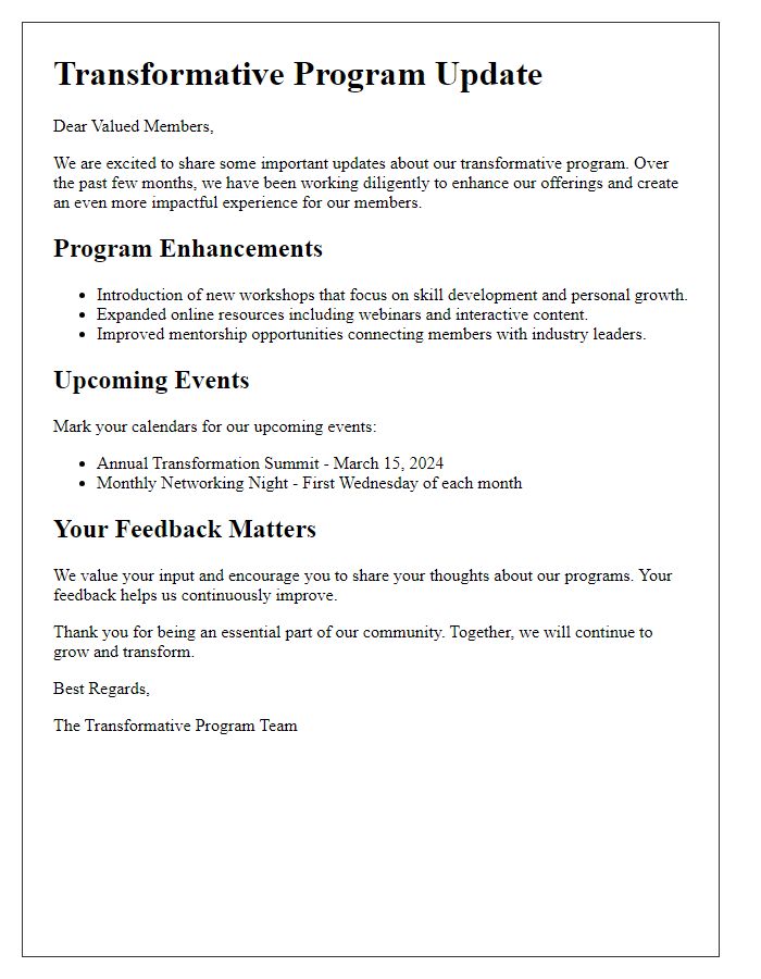 Letter template of transformative program update for our membership base