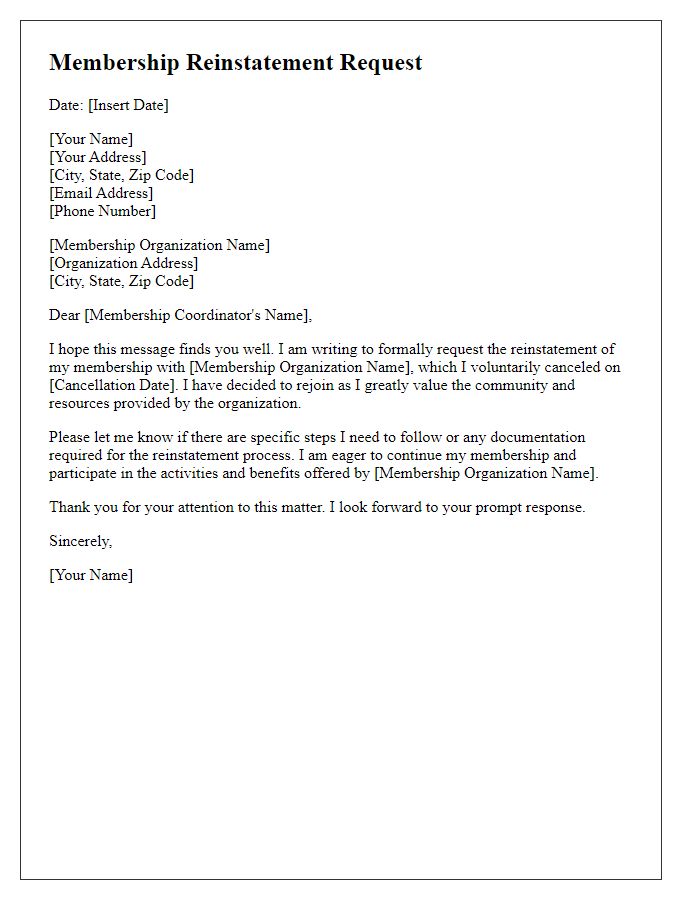 Letter template of membership reinstatement after voluntary cancellation.