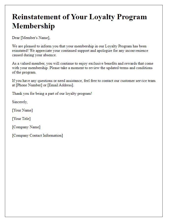 Letter template of membership reinstatement for loyalty program participants.