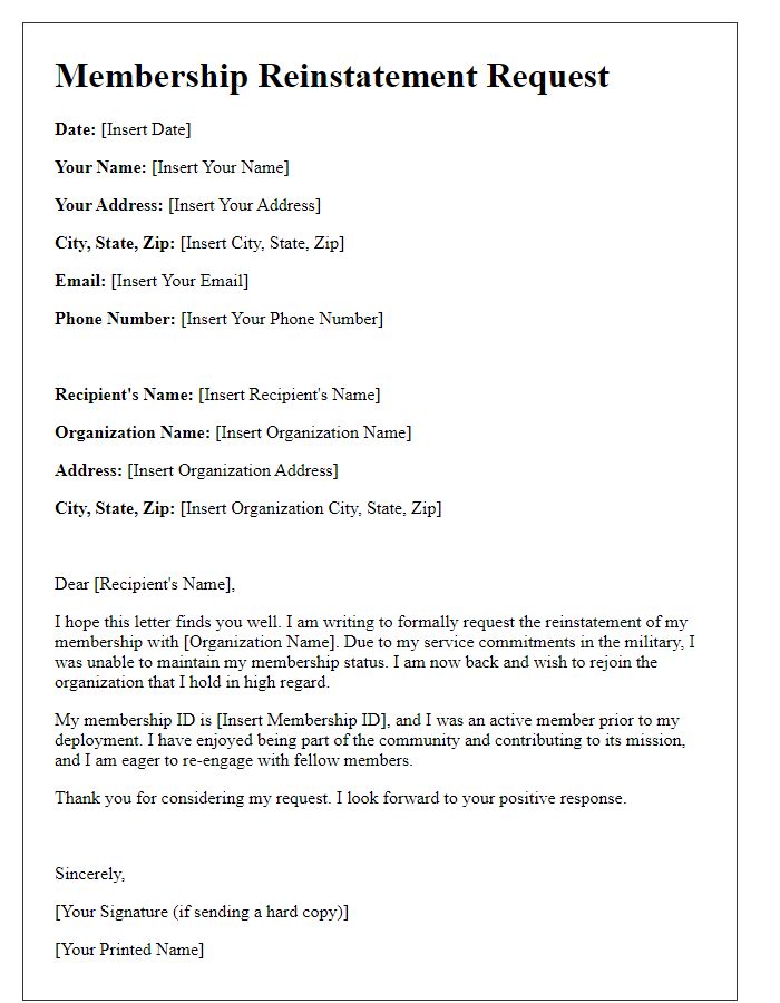 Letter template of membership reinstatement for military personnel.