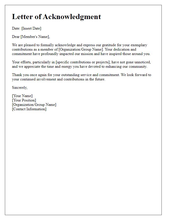 Letter template of acknowledgment for exemplary member contribution