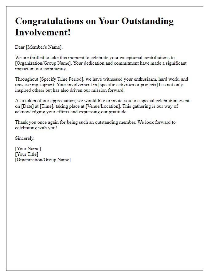 Letter template of celebration for outstanding member involvement