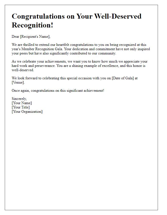 Letter template of congratulatory message for a member recognition gala