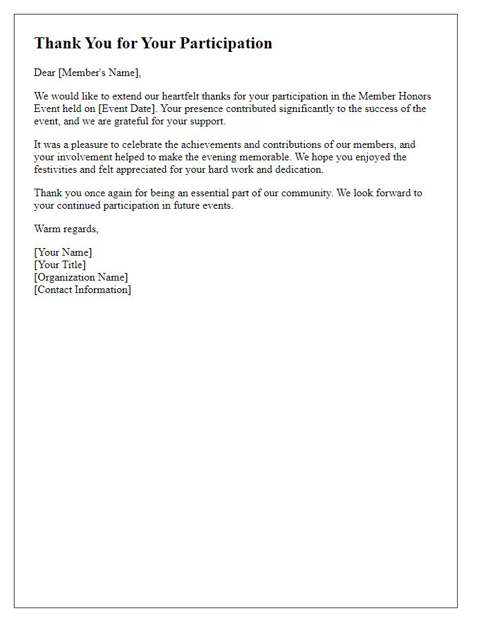 Letter template of thank you for participation in member honors event