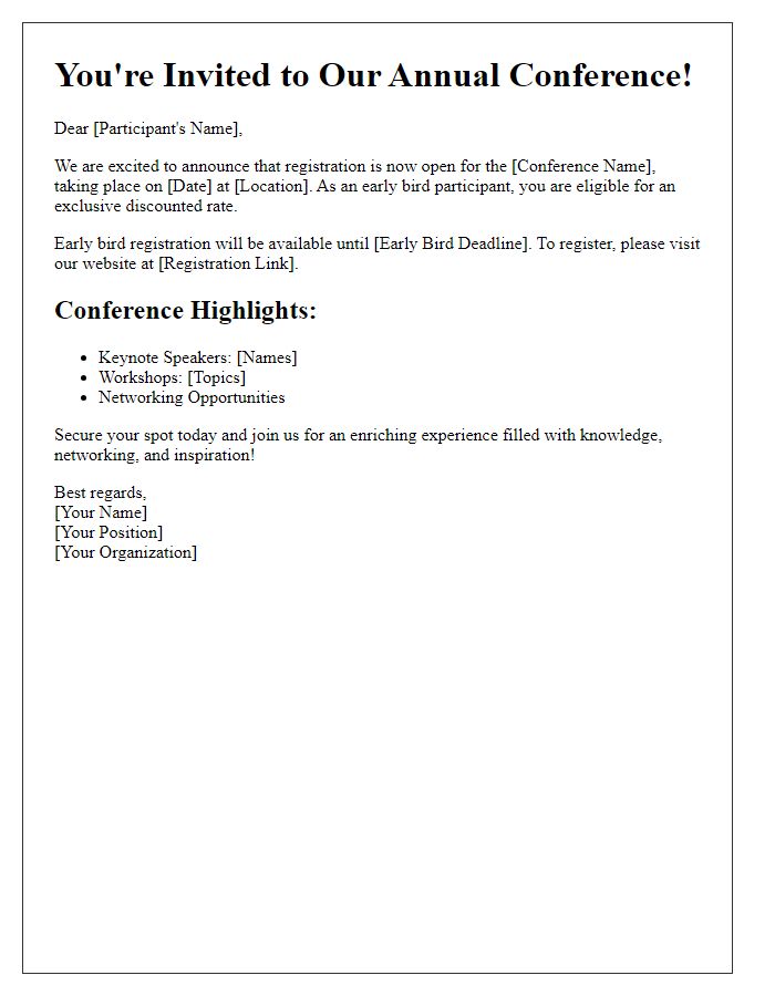 Letter template of conference registration invitation for early bird participants