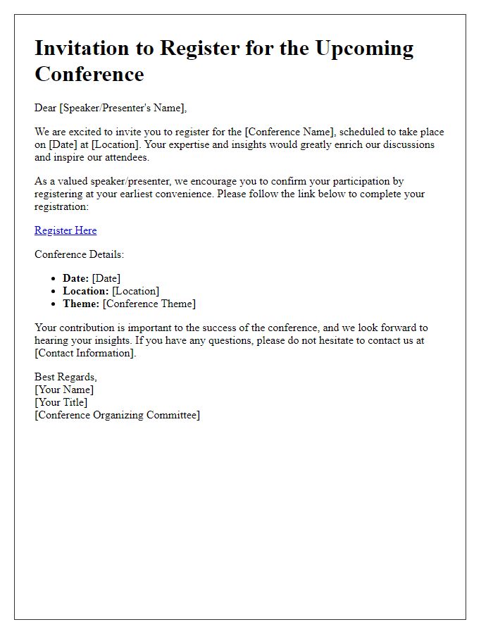 Letter template of conference registration invitation for speakers and presenters