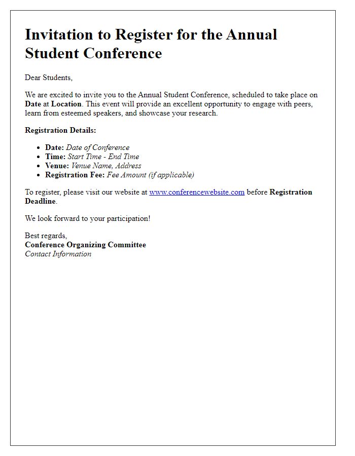 Letter template of conference registration invitation for student attendees