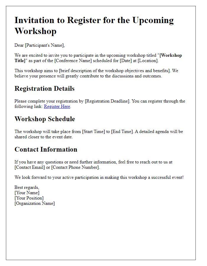 Letter template of conference registration invitation for workshop participants