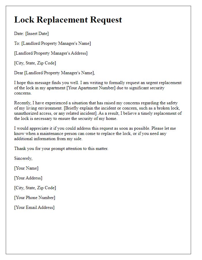 Letter template of tenant lock replacement request for urgent security concerns