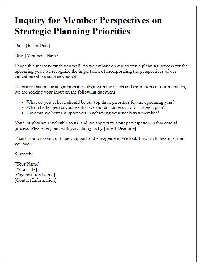 Letter template of inquiry for member perspectives on strategic planning priorities.