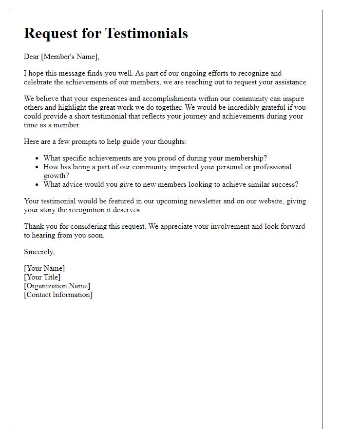 Letter template of appeal for testimonials that highlight member achievements.