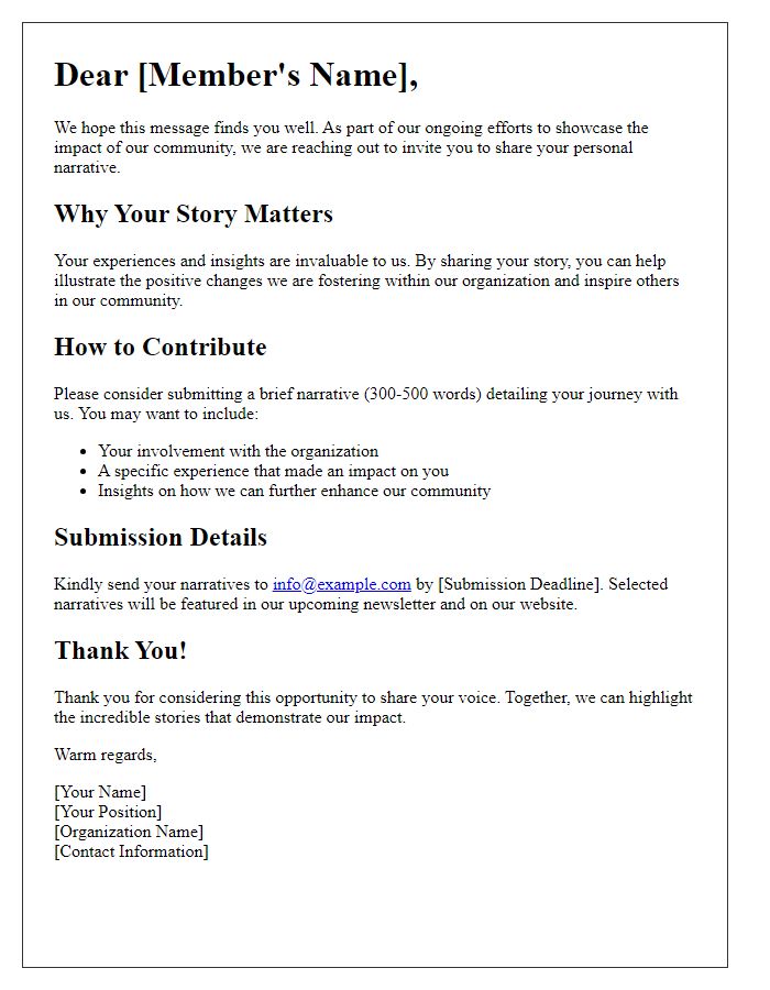 Letter template of call for member narratives to showcase our impact.