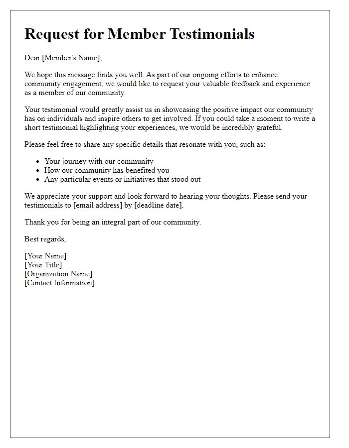 Letter template of request for member testimonials for community engagement.