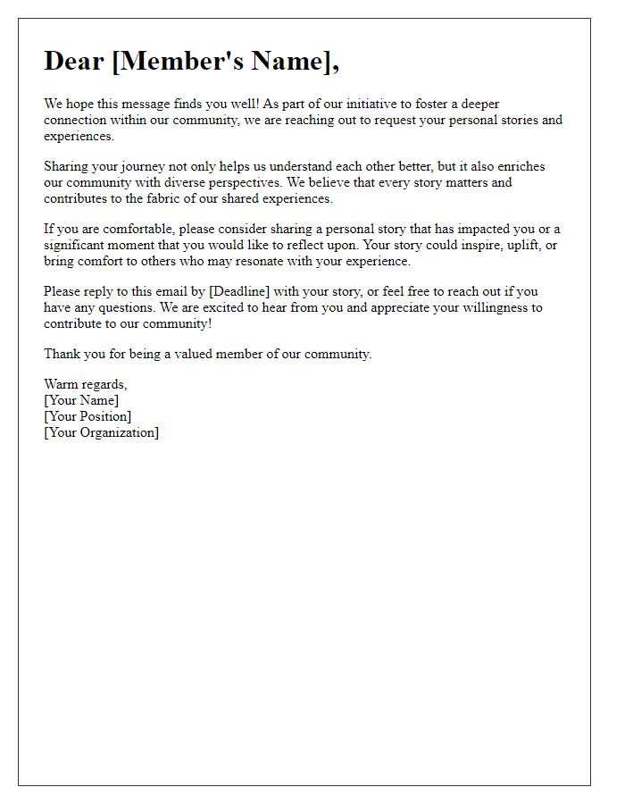 Letter template of request for personal stories from members to foster connection.